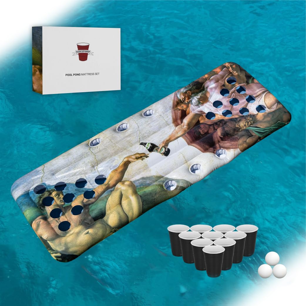 Colchón hinchable para piscina XXL – Beer Pong Pool Juego con 25 tazas y 3 bolas – Juego de fiesta inflable para el mar, vacaciones y verano (rojo, negro, blanco)