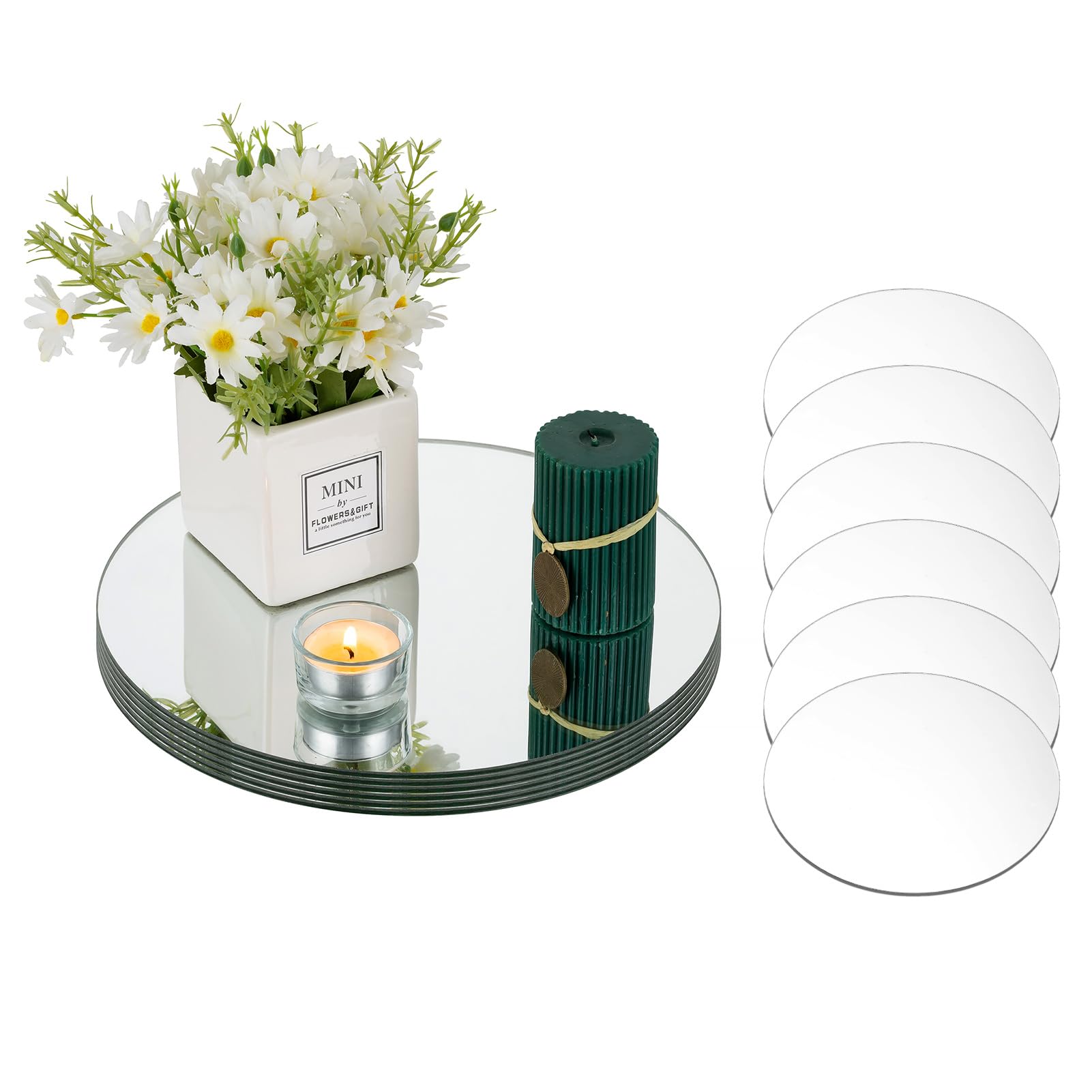 NUPTIO Portacandele per Candele A Colonna: Vassoio A Specchio Rotondo da 25cm Vassoi Decorativi Set di 12 Portacandele 2mm Vetro Pilastro Matrimonio Doccia Valentines Day