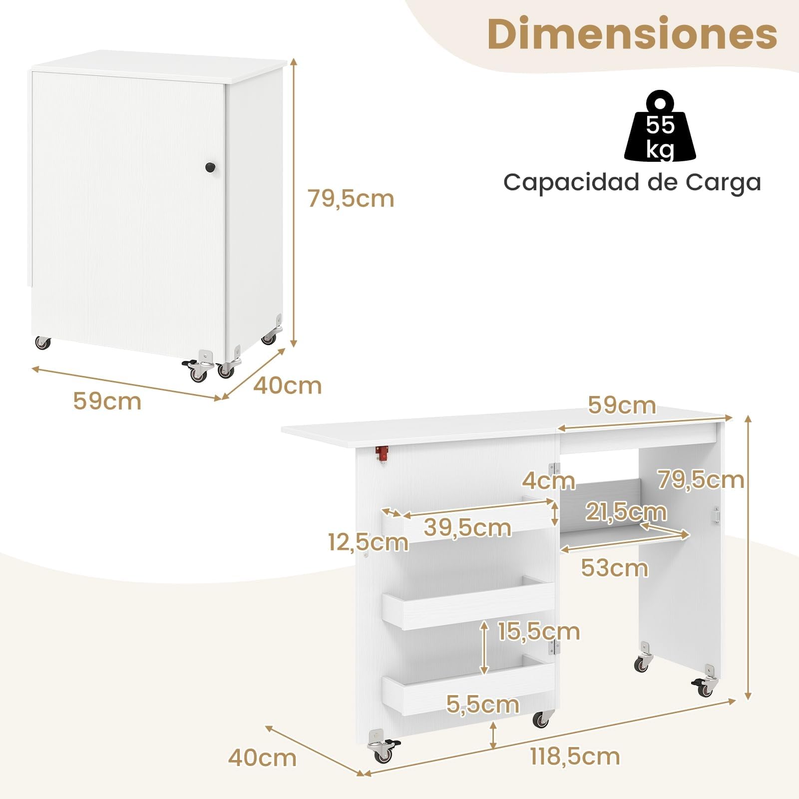 GIANTEX Armario de Costura Plegable 2 en 1 con 5 Ruedas, Mesa de Coser con 3 Compartimentos y 1 Estante Abierto, Aspecto de Vetas de Madera, para Dormitorio, Salón y Estudio (Blanco, 118,5x40x79,5cm)