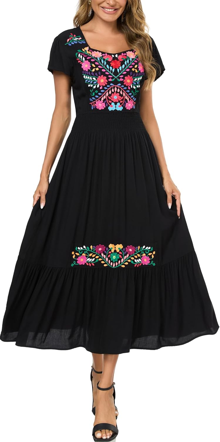 Women's Summer Maxi Dress Casual Floral Embroidered Round Neck Short Sleeve Ruffle Tiered Dress Flowy Boho Beach Sundress