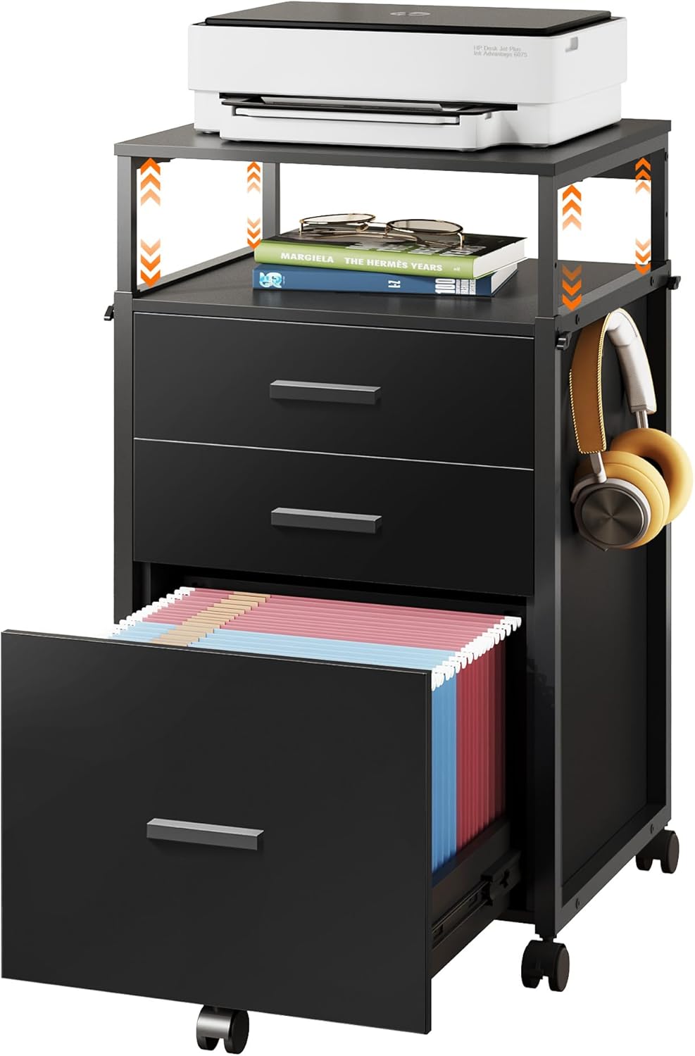 DEVAISE 3 Drawer File Cabinet with Adjustable Shelves, Rolling Wooden Filing Cabinet Mobile Printer Stand for Home Office, Black, 15.7" D x 17.7" W x 40.3" H