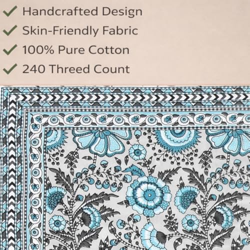 Image of elanorhomes 100% Cotton 240 TC Single Bed Sheet Set | Floral Hand Printed Bedsheet with Pillow Cover | Soft Breathable Fabric for Bedroom | 60x90 Inches (Bachelor Fulwari Print)