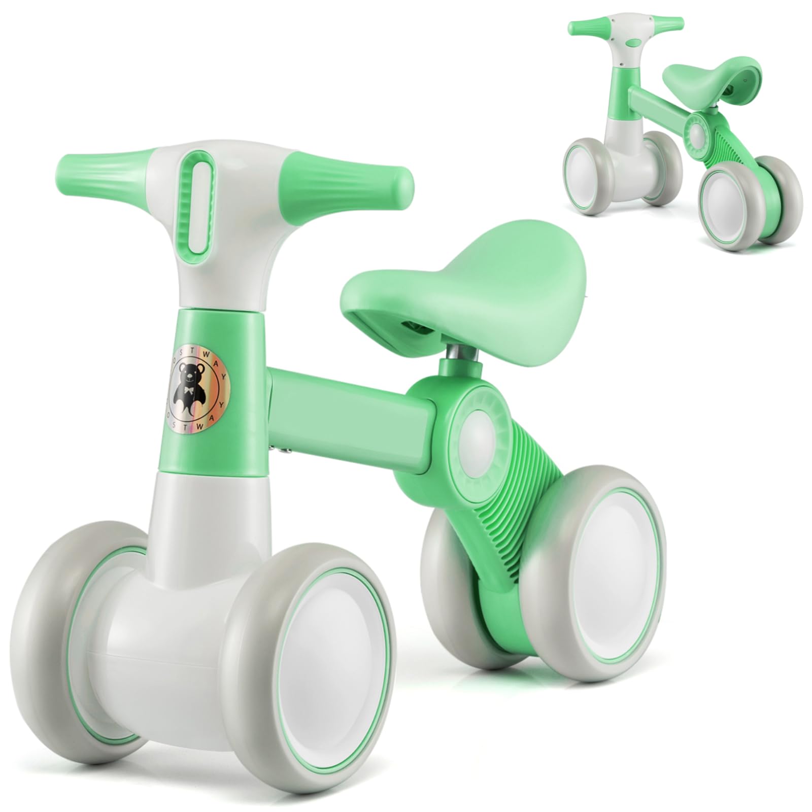 Maxmass Baby Balance Bike, Toddler First Bike with Ergonomic Handle & Carbon Steel Frame, No Pedal Infant Bicycle, 4 Wheels Kids Push Along Toy for 1-3 Years Old Boys Girls (Green)