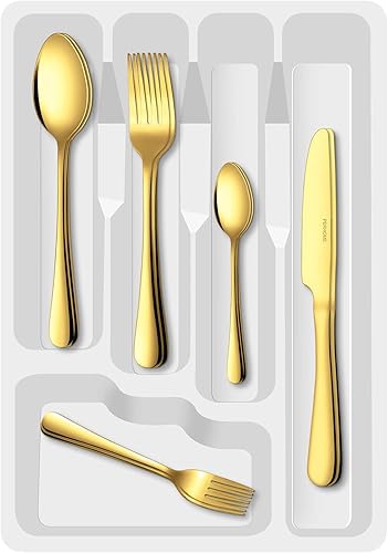 Miniatura 1 de Juego de cubiertos dorados con organizador, juego de cubiertos de acero inoxidable de 30 piezas para 6, juego de cubiertos duraderos que incluye