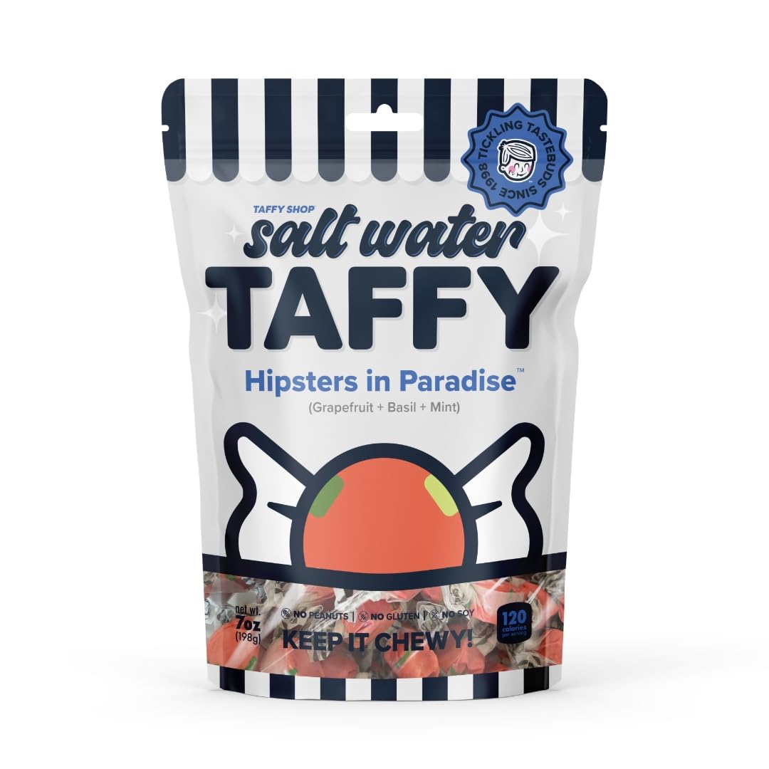 Taffy Shop Hipsters in Paradise, Grapefruit Basil Mint Salt Water Taffy - Gourmet Soft Chewy Candy, Bulk Sweet Snack, Fresh Gift & Gluten-Free, 140 Individually Wrapped Pieces (32oz)