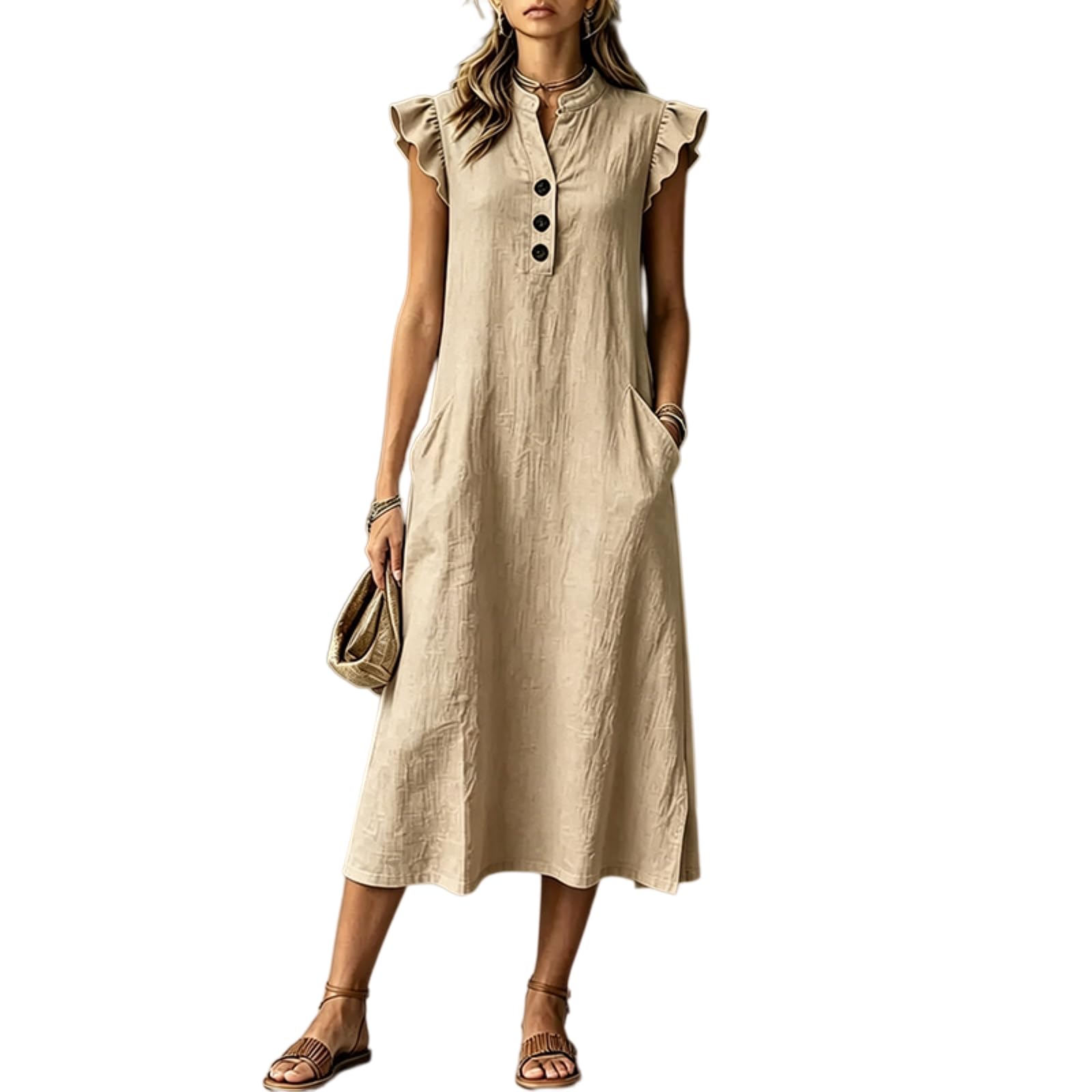 Abito Donna Cotone Biancheria Midi Stand Collare Ruffle Manica Sciolto Abito, Pulsante Anteriore Tasche Laterali Abito-Pink-m