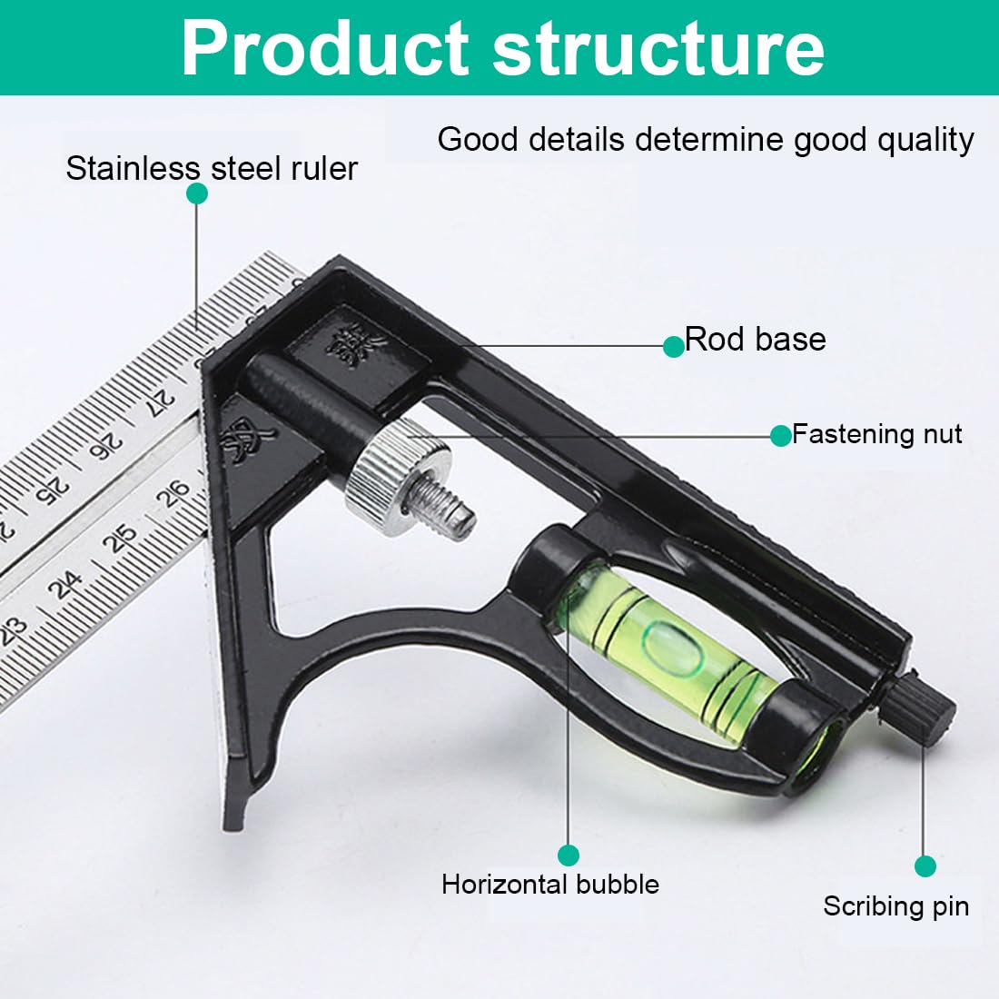 IKOPFLN Squadra Combinata Regolabile Utensili da Carpenteria Quadrati Combinati in Acciaio Inossidabile da 12 '/300 mm Righello da 45/90 Gradi con Livella a Bolla