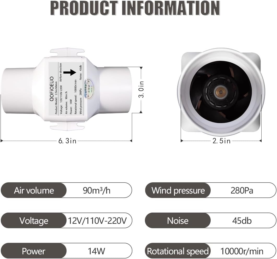 2.5 inch/60mm Inline Booster Duct Fan 14W with Variable Speed Controller Ventilation Cooling Exhaust Fan Low Noise Energy Efficient Blower Can Fan for 3D Printer Bathroom Kitchen (Adjustable Speed)