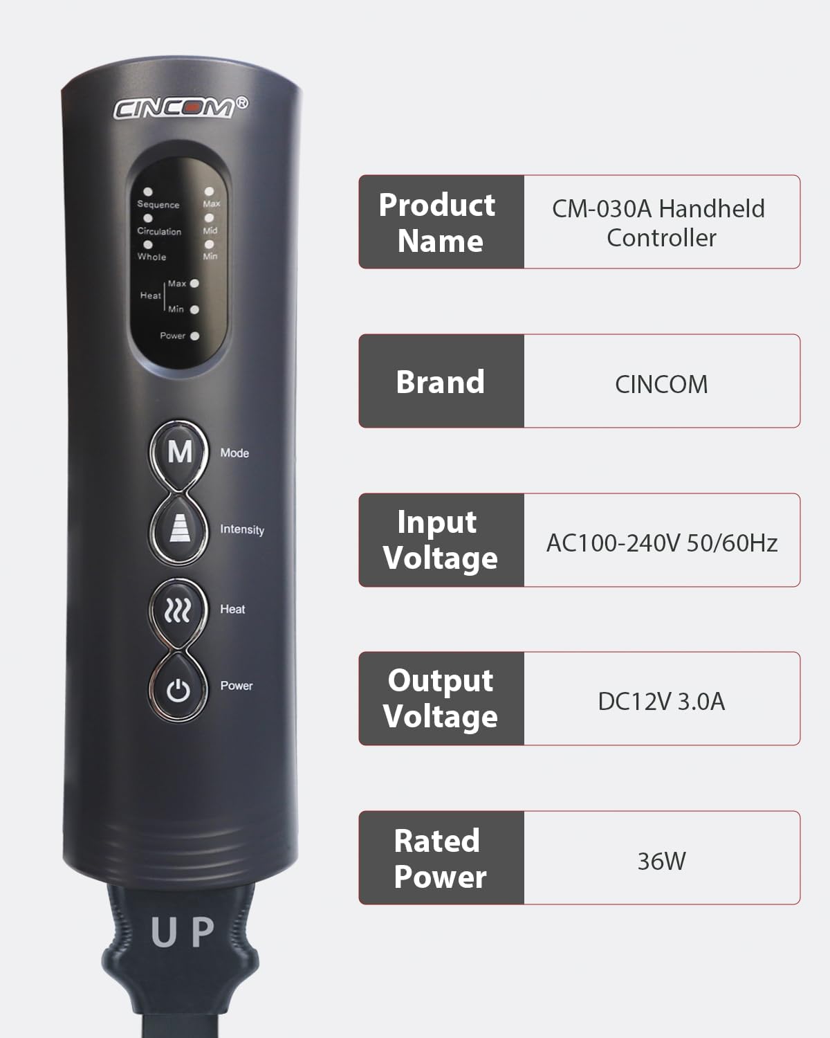 CINCOM Handheld Controller CM-030A with product specifications listed: Product Name, Brand, Input Voltage, Irteerako Voltage, Rated Power.