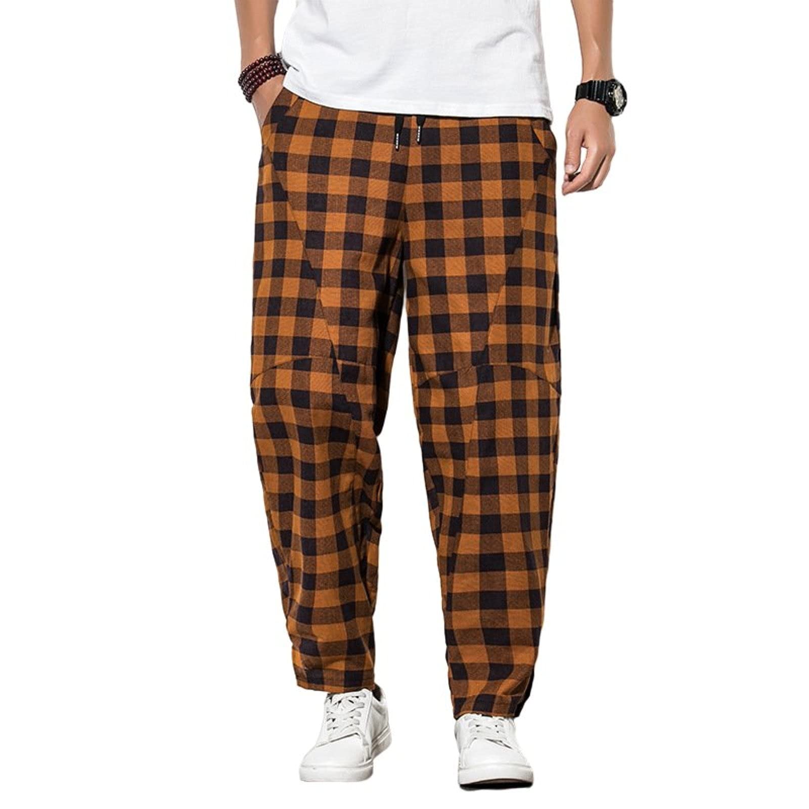 Men's plaid jogging sweatpants 100% cotton loose casual pants stretch pajama pants