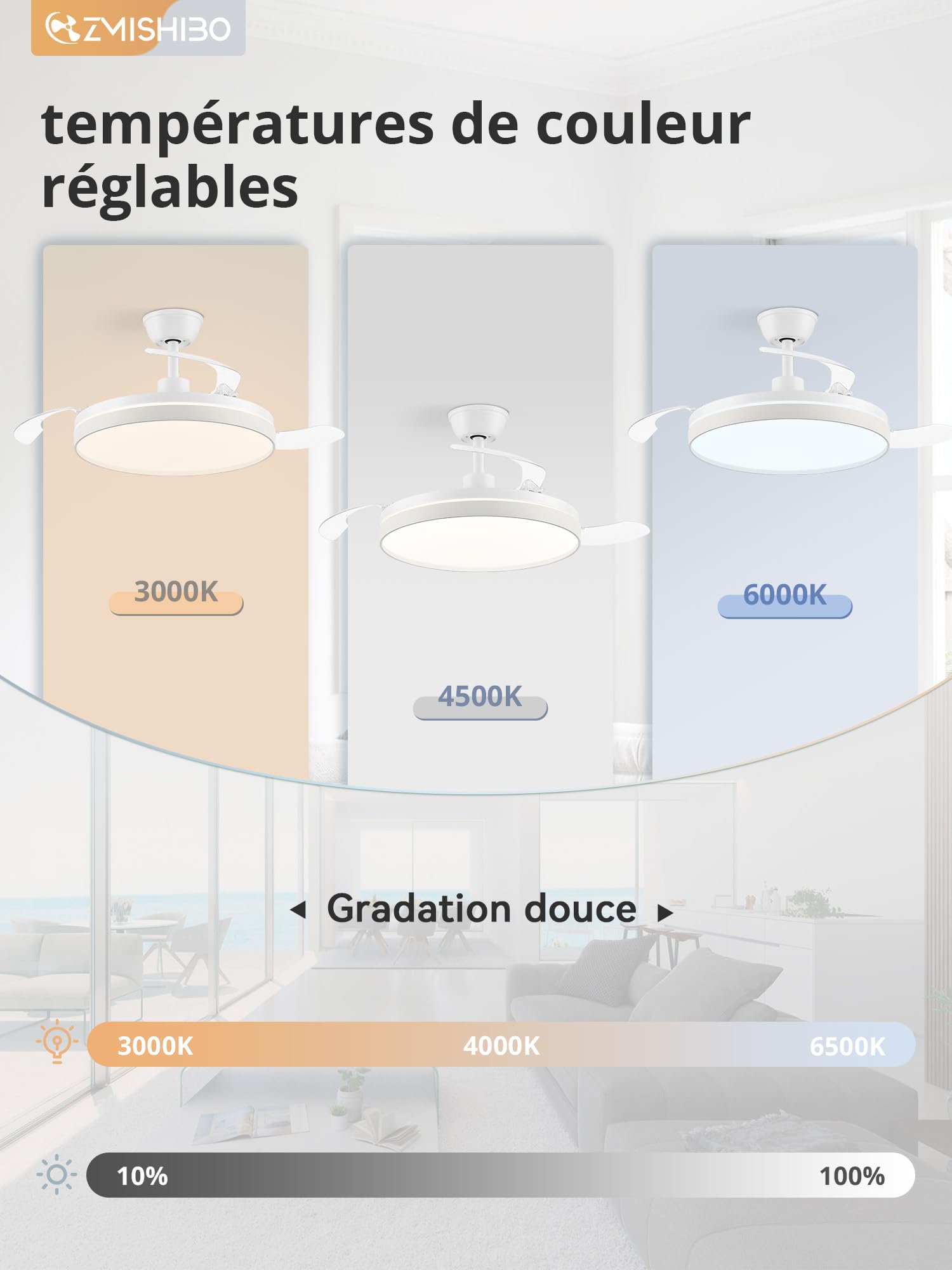 ZMISHIBO – Ventilateur de plafond avec lumière 106 cm, pales rétractables invisibles, CCT 3000K–6500K, fonction été & hiver, moteur DC 30 W + LED 38 W, 6 vitesses, silencieux, minuterie 2 h/4 h, blanc