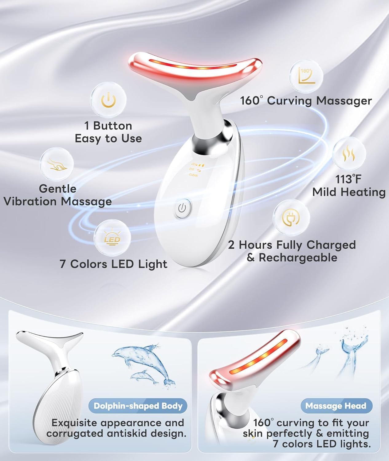 Masajeador Facial Eléctrico, Dispositivo Reafirmante Antiarrugas con Vibración Suave, Cabeza Curvada 160° para Cuello y Rostro, Recargable por USB