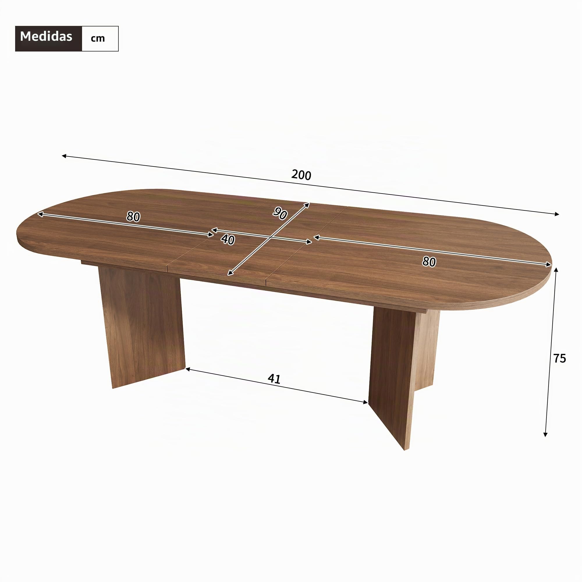 Mesa de Comedor Extensible Ovalada, 160/200 x 90 cm, Mesa de Comedor de Estilo Simple, Mesa de Cocina para 6-8 Personas, Tapa Gruesa, Esquinas Redondeadas, Color Nogal