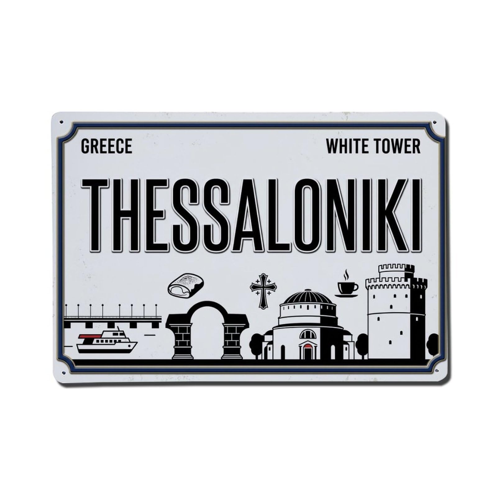 Xanthor Style Vintage Travel Thessaloniki White Tower Bougatsa Metal Tin Sign