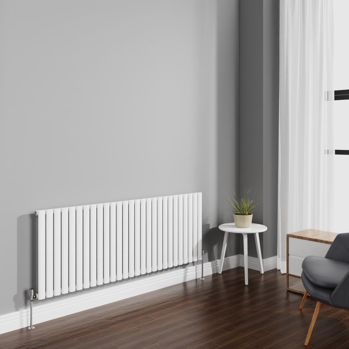 NRG 600x1593mm Gloss White Radiator Horizontal Oval Panel Bathroom Designer Single Rad Central Heating