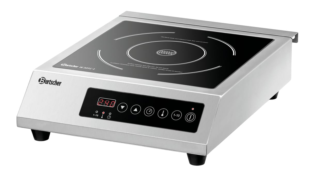 Bartscher Induktionskocher IK 30T-1 mit Touch-Bedienfeld, 3000 W Leistung, 1 Kochstelle mit Fettfilter, Edelstahl/Glas, für Gastronomie