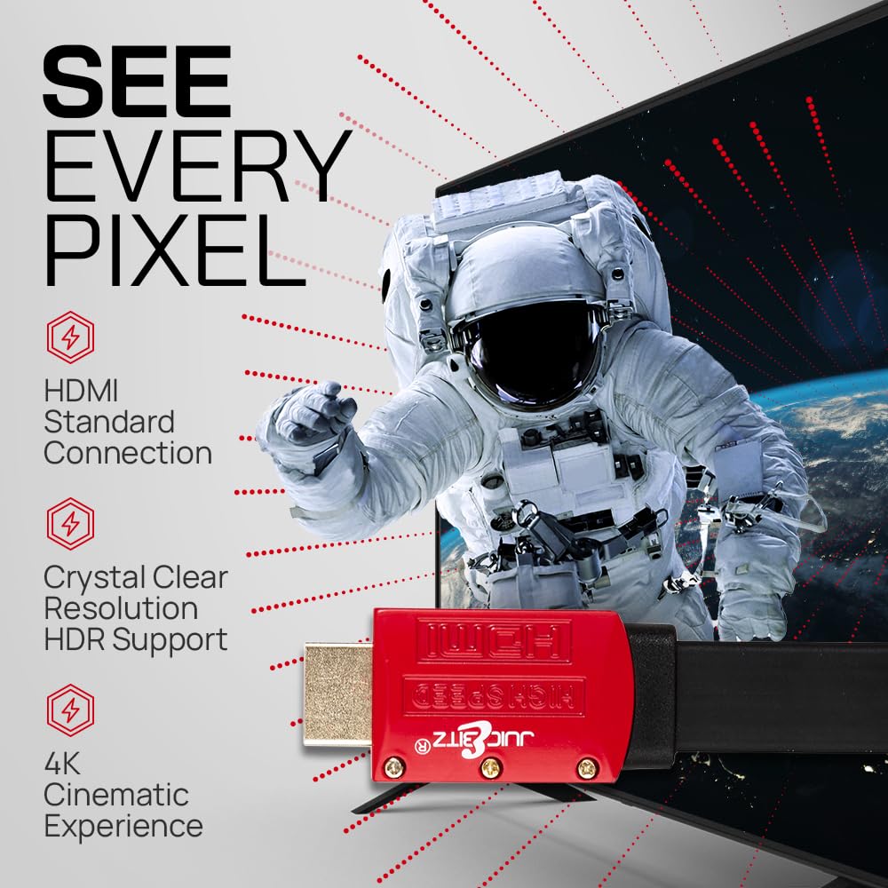 JuicEBitz 4K HDMI Cable 1m, Flat Slim Ultra High Speed HDMI 4k/60fps. 1080p/120hz/144hz, v2.0 Lead. CEC, ARC - Image 2