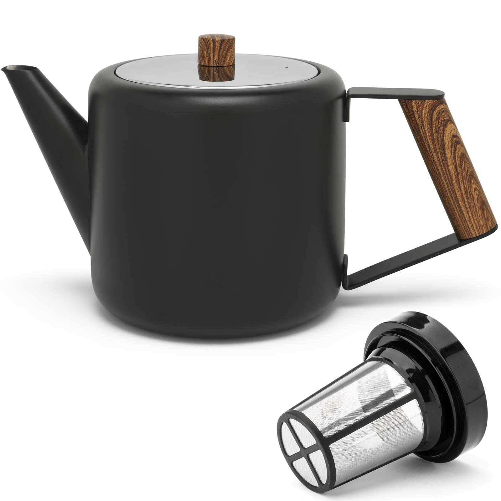 Bredemeijer Teekanne Set 1.1 Liter - Kanne aus Edelstahl doppelwandig schwarz - großer moderner Teebereiter mit Holzoptik-Griff & Tee-Filter-Sieb-Aufsatz -ideal für losen Tee