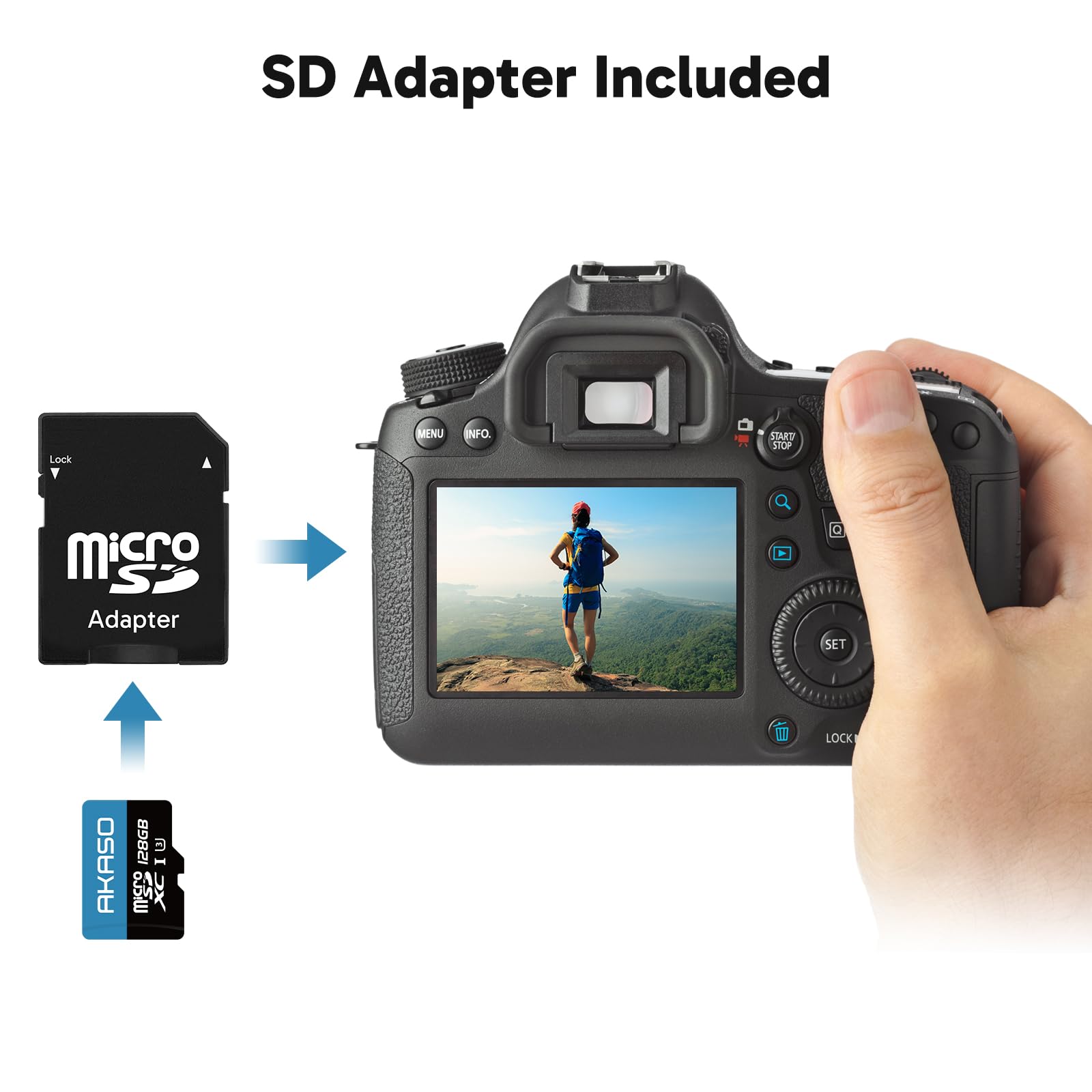 AKASO Tarjeta de memoria microSDXC U3 de 128 GB con adaptador, hasta 100 MB/s, UHS-I C10, U3, Full HD, 4K UHD, tarjeta MicroSD