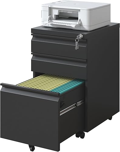 Archivador móvil de 3 cajones, archivador para oficina en casa para cartas, tamaño legal, totalmente montado debajo del escritorio, color negro