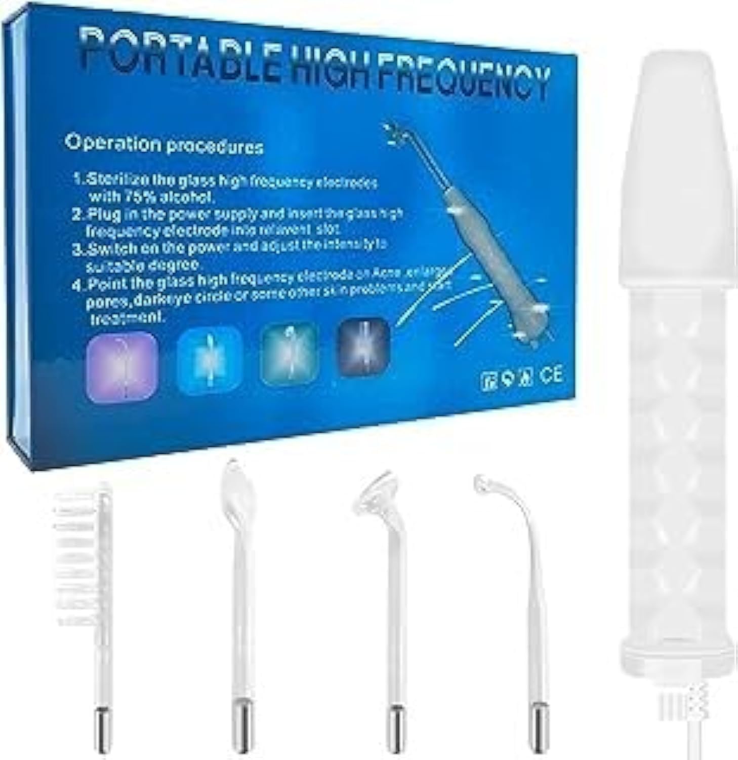 HS 4 in 1 Portable High Frequency Skin Therapy, Electrode wand, Handheld Red Light Electrotherapy High Frequency cosmetology Instrument