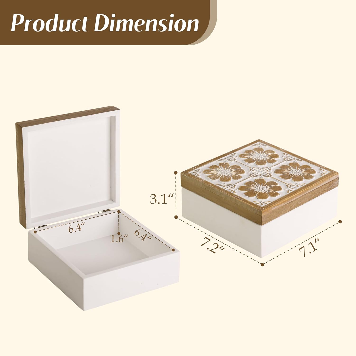 Wooden Keepsake Box - Decorative Floral Wood Boxes with Hinged Lid, Flower Engraved Design, 7.09" W