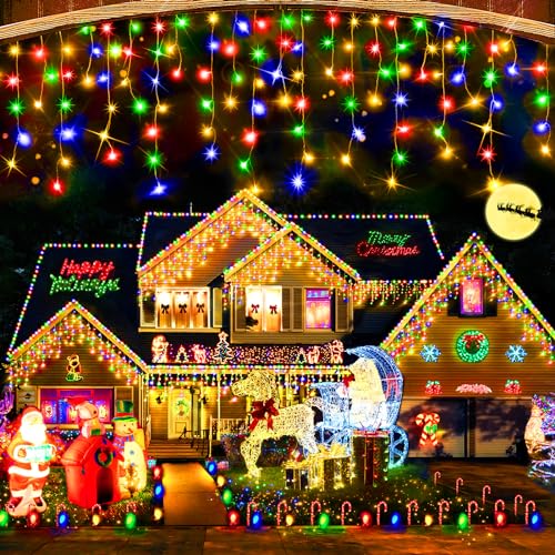 Hezbjiti Christmas Decorations Lights Outdoor, 400 LED 32.8 FT 8 Modes 75 Drops Fairy String Curtain Lights for Christmas Decor Eaves Window Party Yard Garden Indoor (Multicolor)