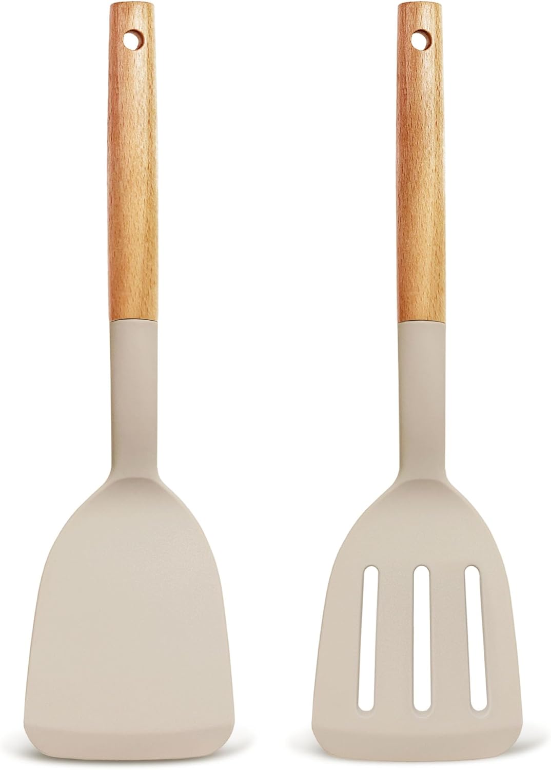 Set of 2 Silicone Spatula Turner for Nonstick Cookware, 600°F Heat Resistant Solid Slotted Kitchen Spatula Set with Wooden Handle, Cooking Utensils Set for Egg, Pancake, Fish, Burger