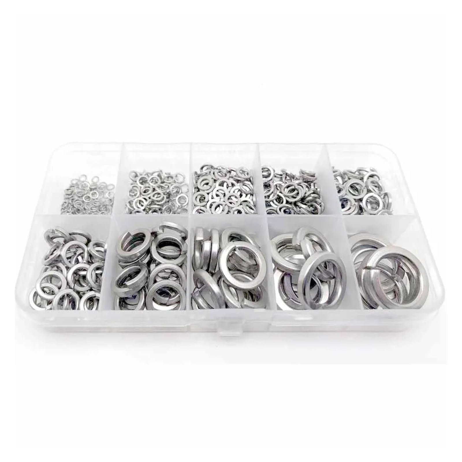 590/930 pz/set M1.6 M2 M2.5 M3 M4 M5 a M16 304 acciaio inossidabile molla divisa rondella di sicurezza assortimento kit guarnizione elastica scatola set(965pcs per set)