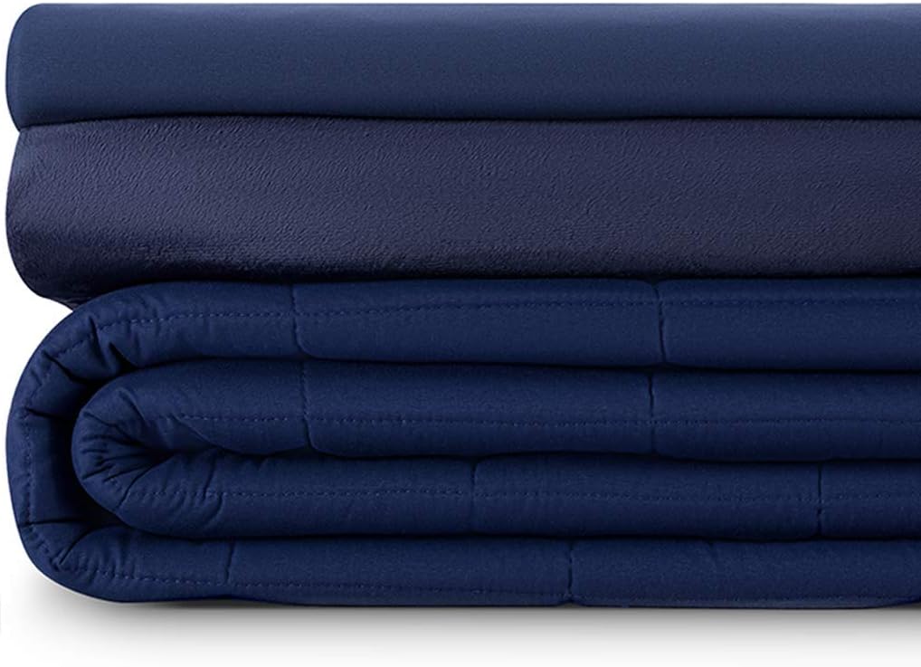 Luna Adult Weighted Blanket 3 Piece Duvet Cover Set - 10 Lbs - 60x80 - Queen Size Bed - Cooling Silky Cover & Minky Fleece Microfiber Cover - Heavy Cool Weight for Hot & Cold Sleepers - Navy