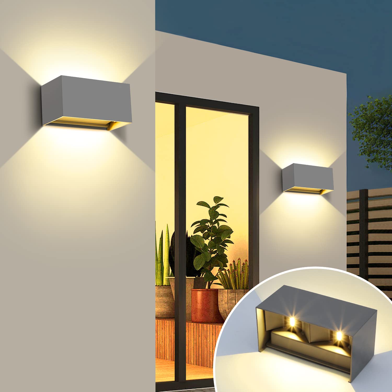 Kingwen Applique da Parete LED 20W 3000K Bianco Caldo Grigio 2 Pezzi | Angolo del Fascio Regolabile, Esterno/Interno, IP65 Impermeabile