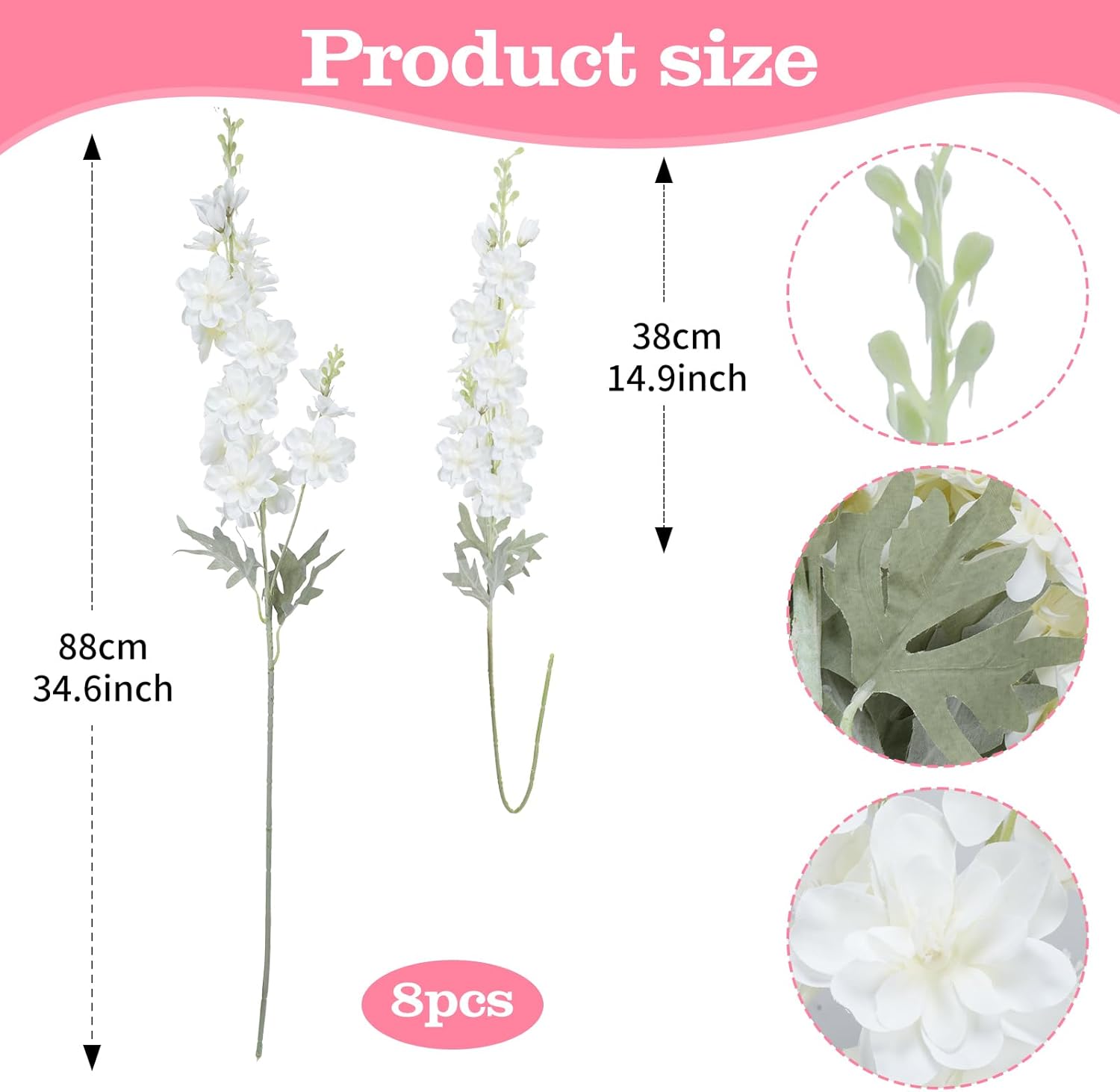 8PCS White Delphinium Artificial Flower Silk Larkspur Flowers 34.6'' Long Stem Plant Floral Silk Flowers Faux Bouquets for Tall Vase Floral Arrangements Floor Home Garden Outdoor Wedding Decor - Image 2