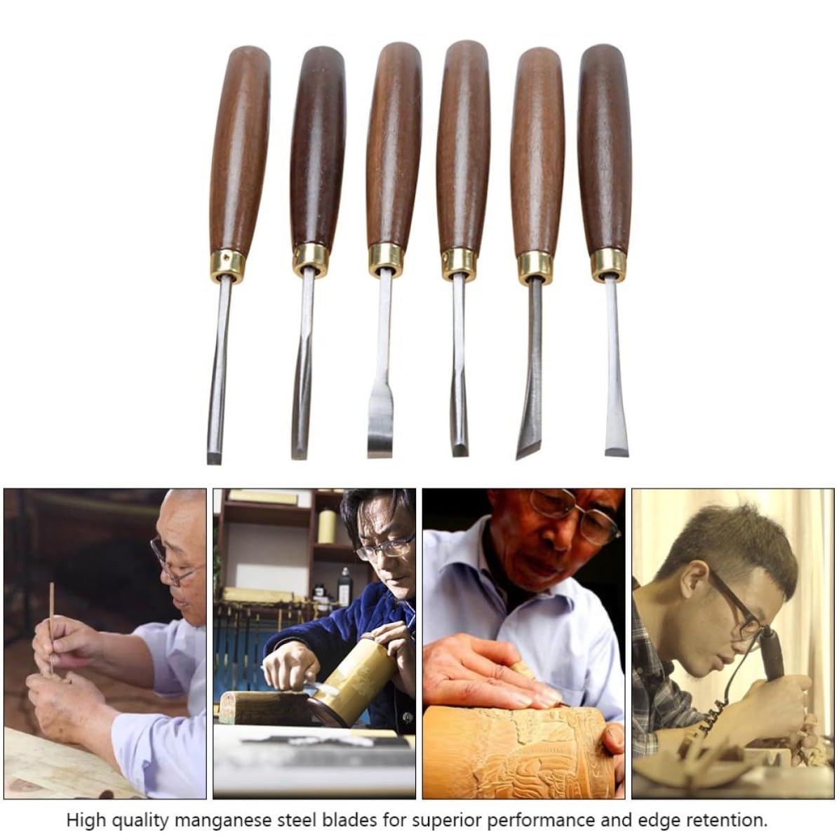 CRAFTHROU 6 Pezzi Scalpello da Intaglio Legno Manico in Noce, Acciaio al Manganese, per Lavorazione del Legno, Utensile da Falegname per Appassionati e Carpentieri Professionisti