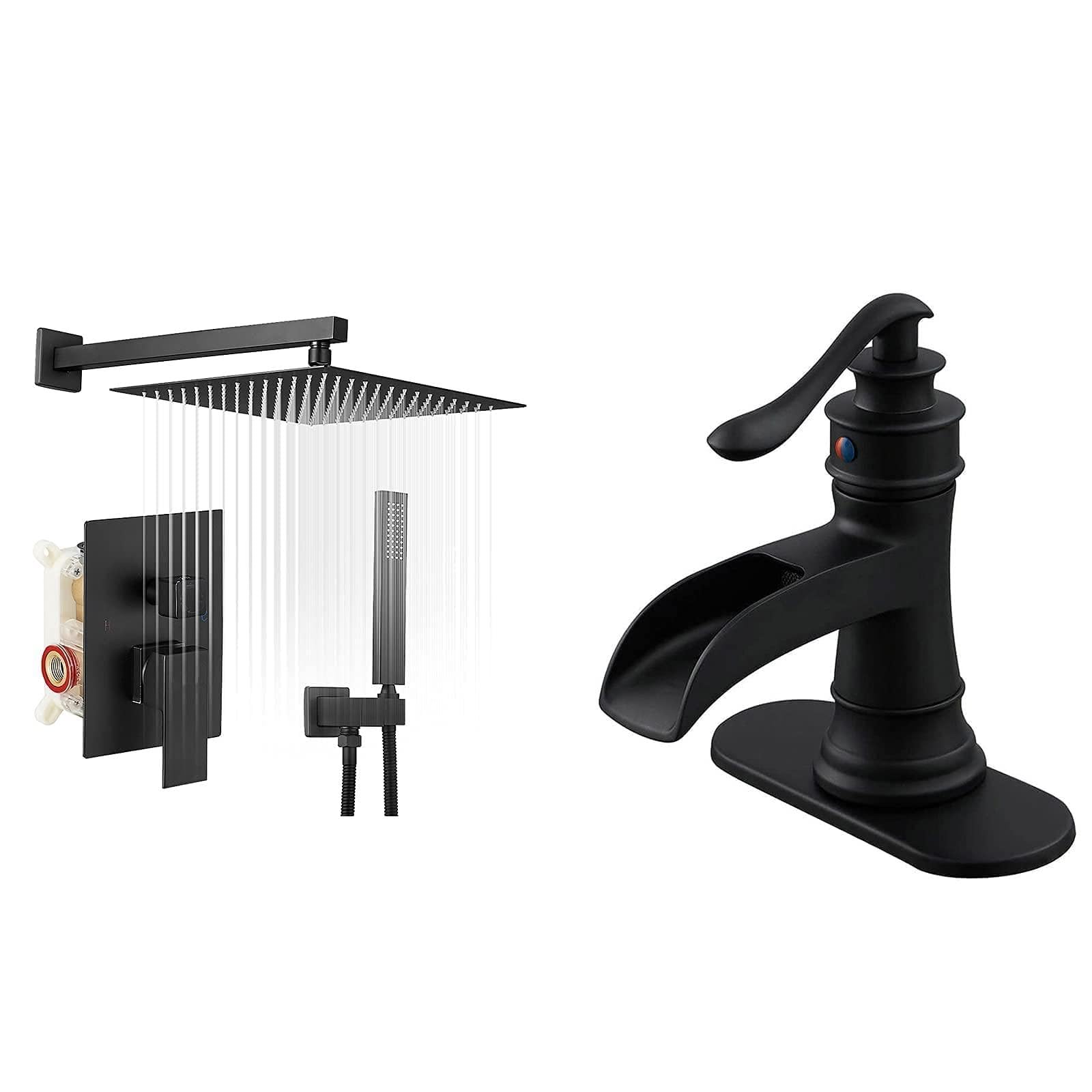 Sxithgkdw Black Matte Waterfall Bathroom Faucet Bundle Shower System Rainfall Shower Head 12 Inch With Handheld Spray Mixer Wall Mounted Bathroom