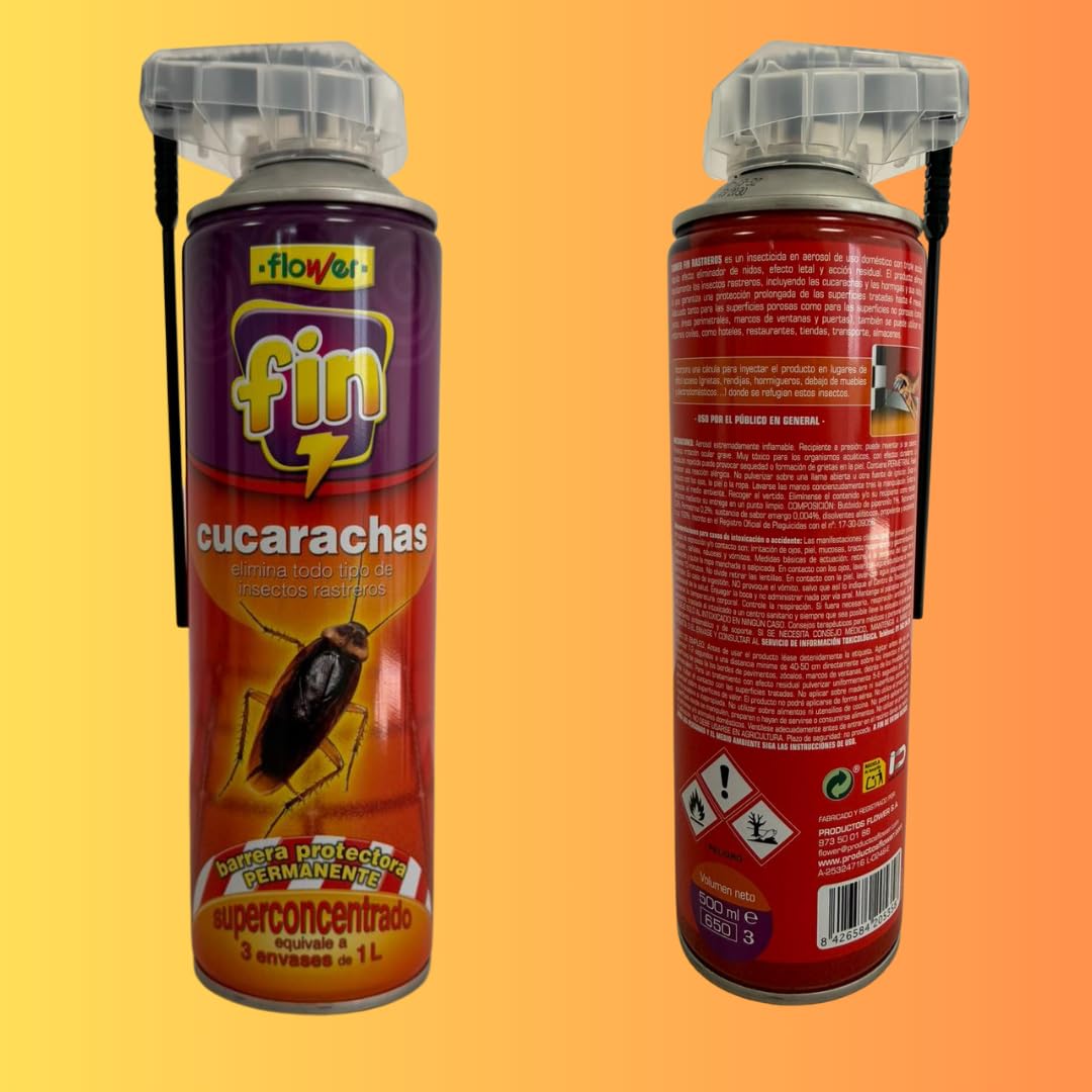 Flower x3 Insecticida Rastreros Spray Super Concentrado 650 ml | Aerosol Elimina Cucarachas, Hormigas e Insectos Interior y Exterior | Formula Potenciada | Canula para Grietas AntiCucarachas