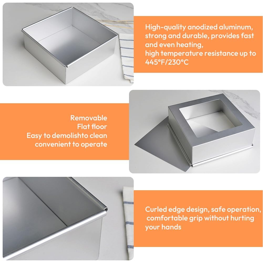 Moule Carré à Gâteau, 20 ×20 cm, Moule à Gâteau Carré en Aluminium Anodisé Antiadhési, Moules à Pâtisserie, avec Revêtement Antiadhésif et Fond Amovible