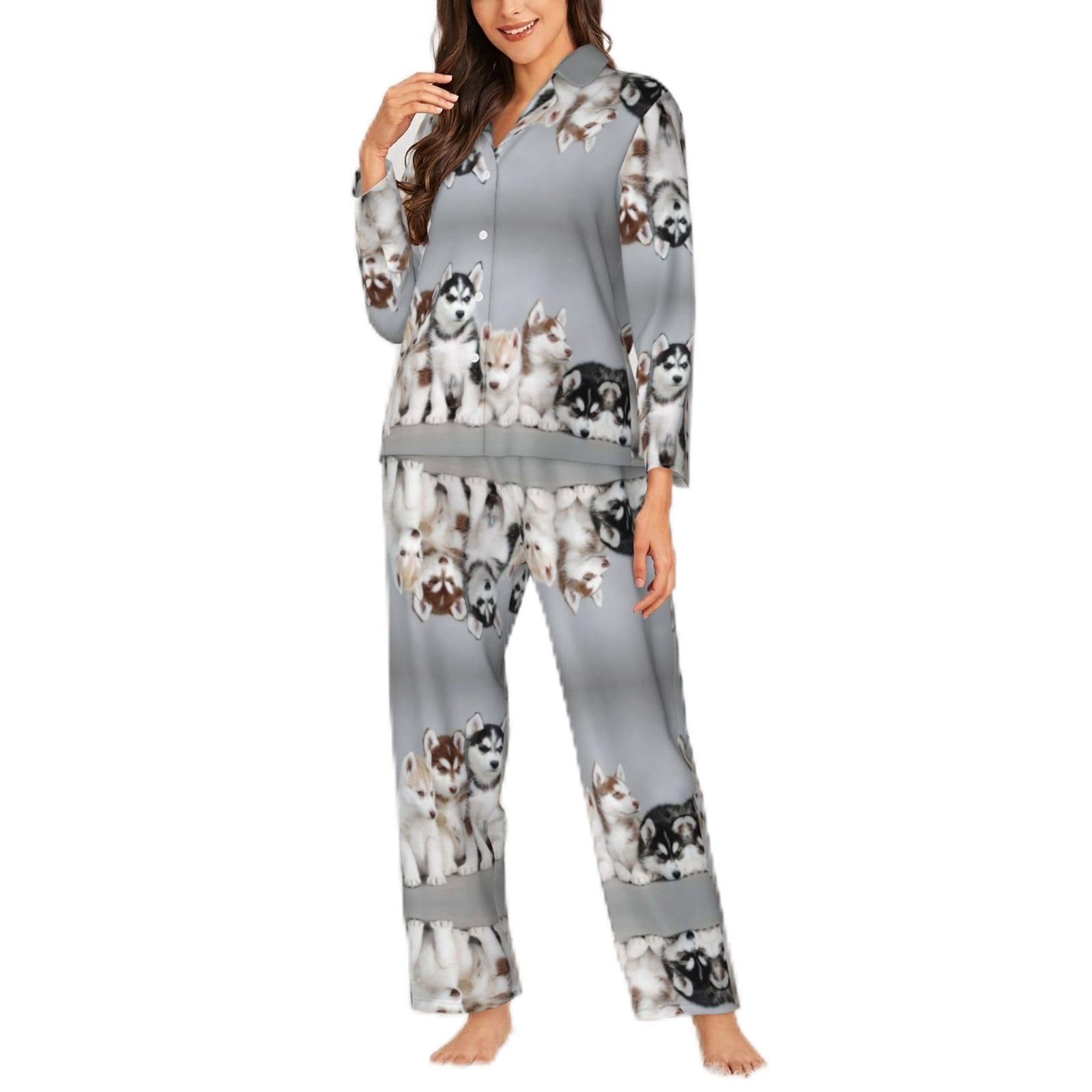 Migpkd Women's Black Husky Puppies Dogs Pajamas For Set Long Sleeve Button Down Sleepwear 2 Piece Nightwear Pjs Sets