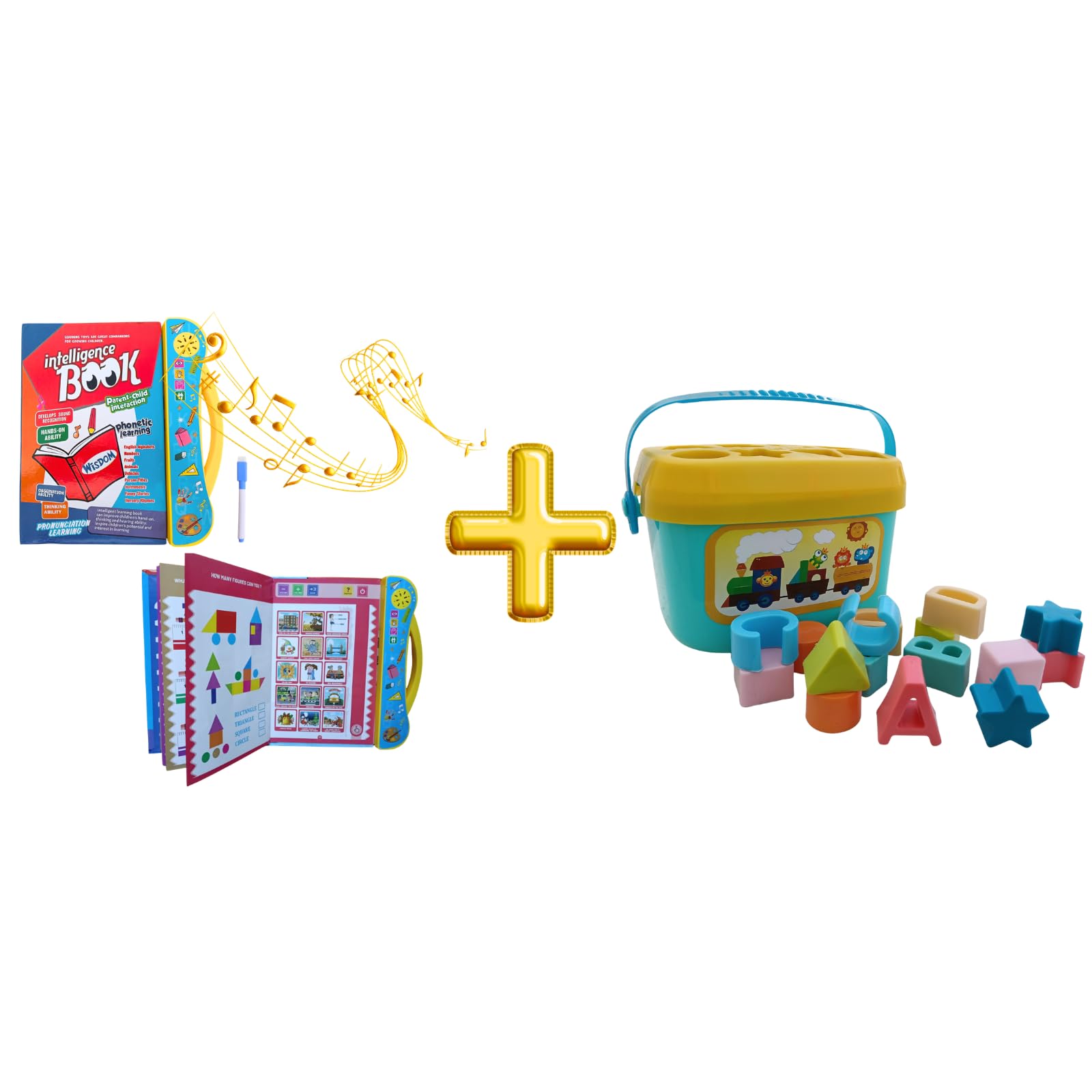 intelligence book & kids first blocks combo | write & wipe activity book with sound + 16 piece building block set for toddlers | learning & play bundle
