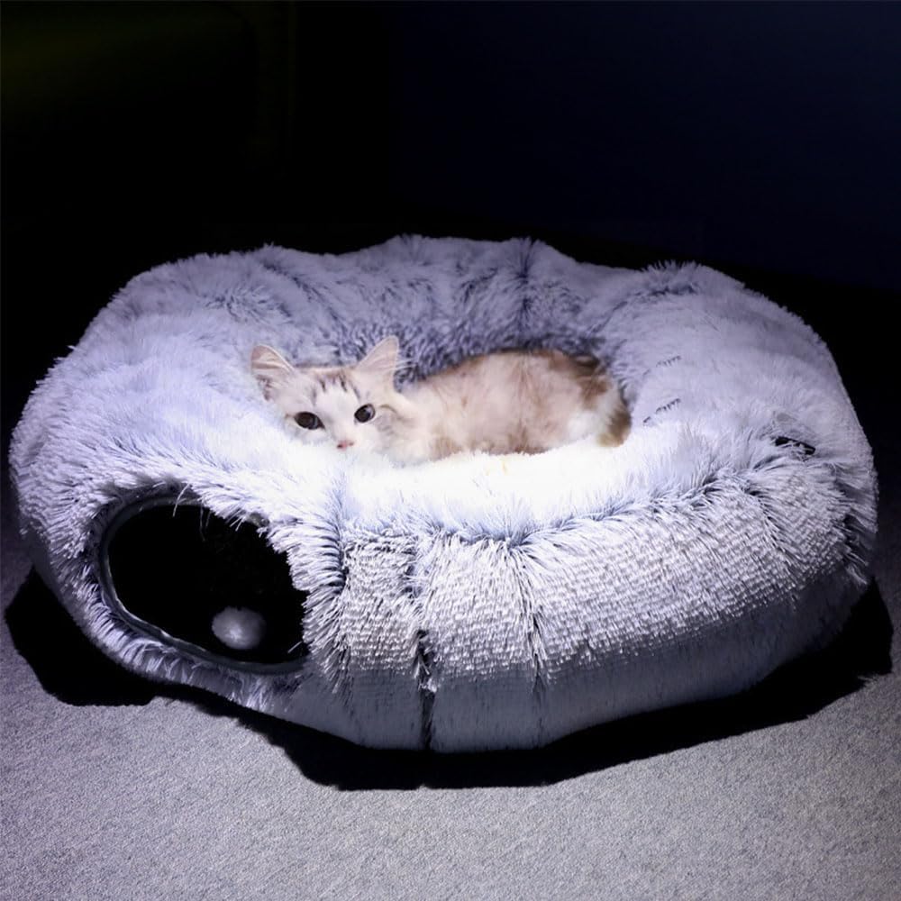Túnel de gato Nirvana, túneles para gatos de interior, cama de túnel de felpa con bolas de juguete y almohadillas lavables, tubo de túnel multifuncional para gatitos y cachorros de conejo (gris, talla