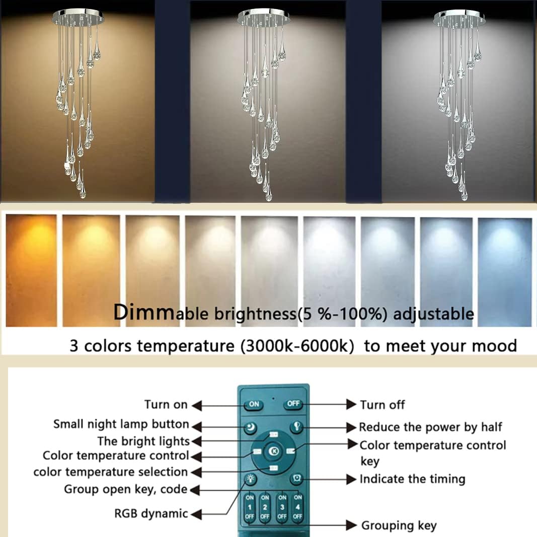 LED Dimmbarer Kronleuchter,Chrom Regentropfen Kristall Pendelleuchte Esstisch,150 Cm /59"HöHenverstellbarer Wohnzimmer HäNgelampe,HäNgeleuchte FüR Foyer,Eingang,Esszimmer,2-Lichter Pendellampe