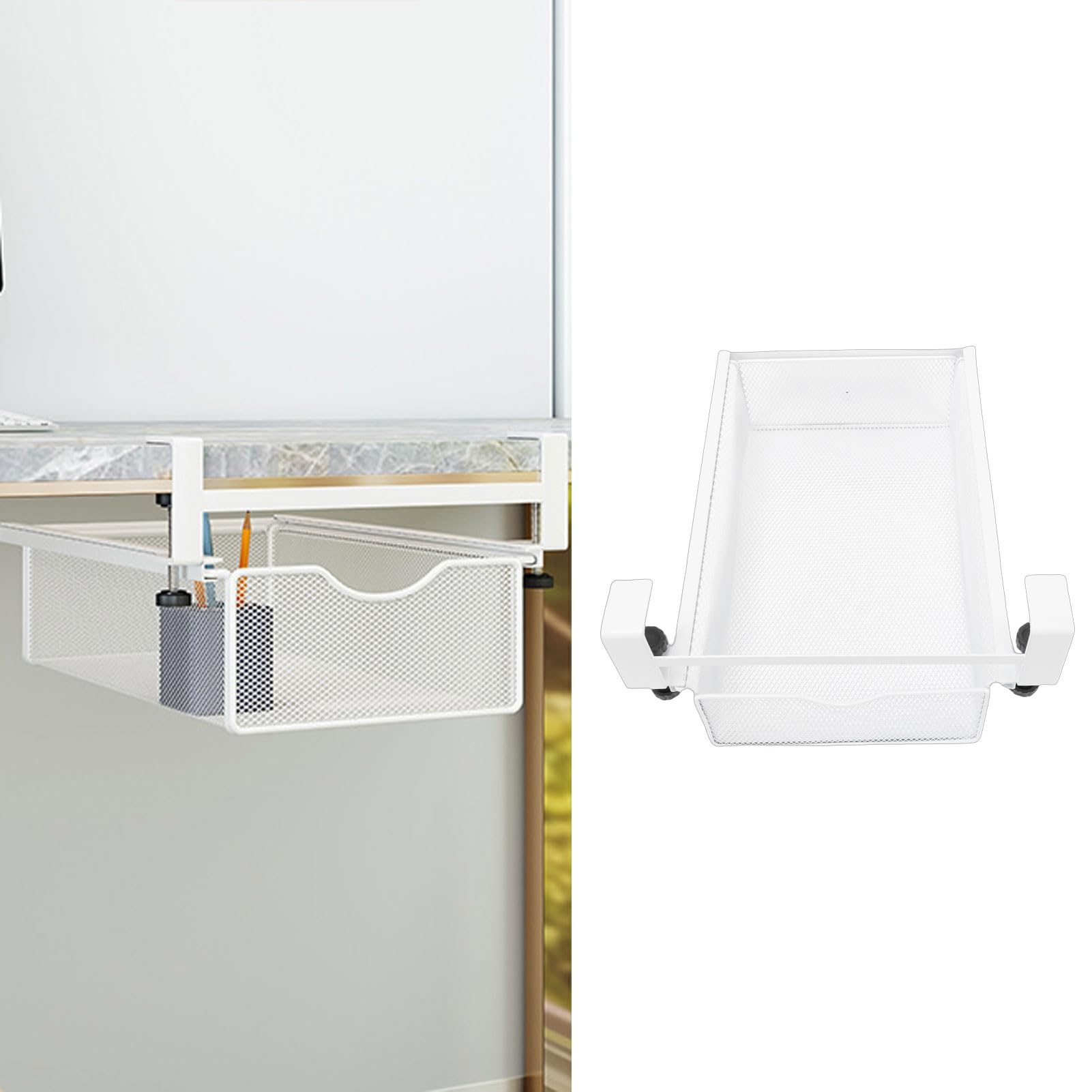 Organizer per Cassetti Sotto la Scrivania, Soluzione di (Bianco | Installazione semplice, nessun danno alla superficie, spazio di archiviazione versatile, materiale in ferro resistente, si
