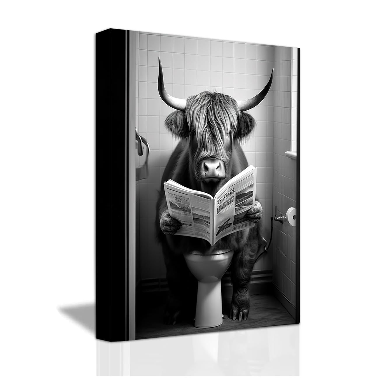 LZIMU Funny Bathroom Wall Decor Cute Highland Cow Sitting on Toilet Reading Newspaper Canvas Prints Black and White Animals Posters Framed (Bathroom-5
