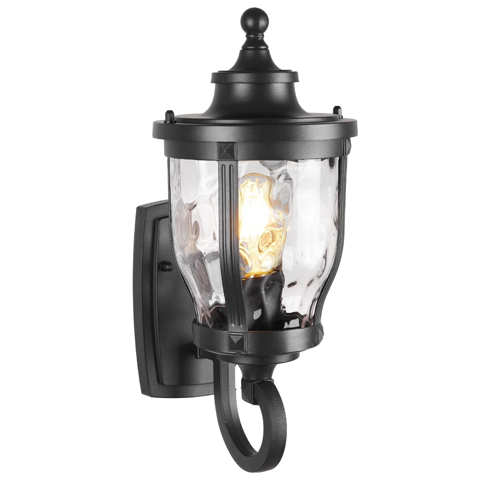 JYZ 15" Outdoor Wall Light Lantern, Anti-Rust Exterior Wall Sconce with Hammered Water Ripple Glass, Waterproof Matte Black Outside Lighting Fixture for Front Door, Porch, Garage