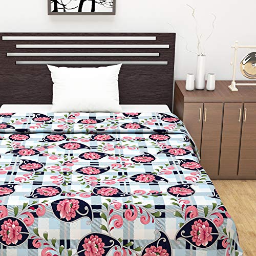 Image of Divine Casa Glace Cotton 120 GSM Reversible Lightweight Printed Single Bed AC Dohar Blanket Quilt - Peach n Navy Blue