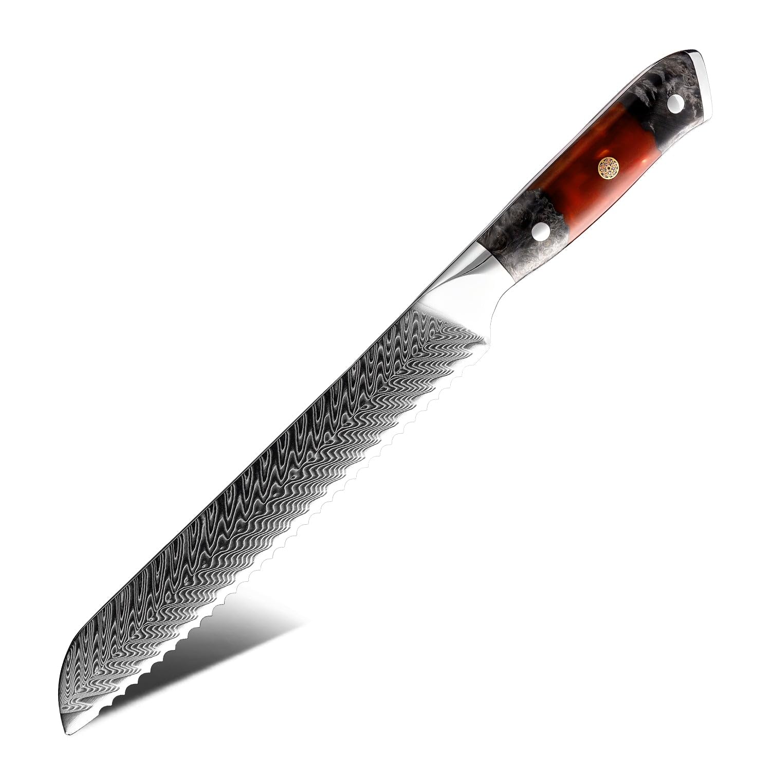 EmberSharp Series 8-inch Bread Knife 67 Layers Damascus Steel Blades with Solidified Wood & Red Resin Handles, Professional Kitchen Knives, Rust Resistant Design, Versatile for All Cooking Needs