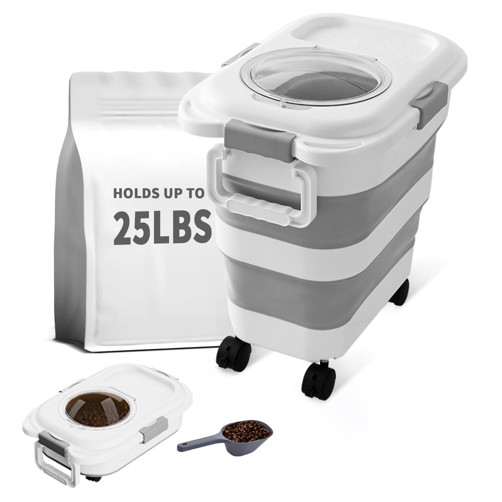 25 Lbs Dog Food Storage Container, Collapsible & Airtight with Scoop for Pet Food, Keep Dry Food Fresh & Easy to Carry, White