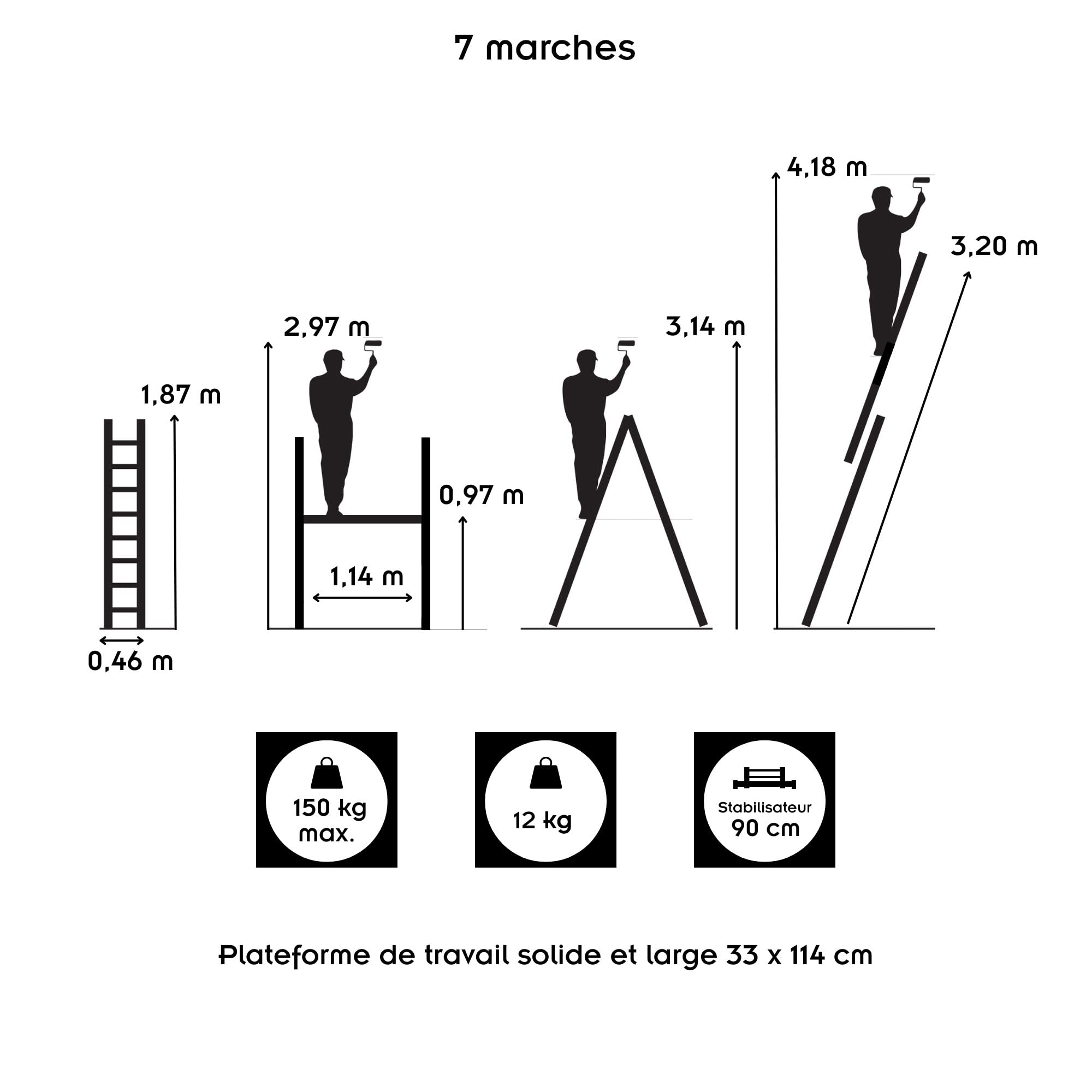 High Échelle 2 Plans Aluminium 3-en-1 escabeau échafaudage 7 marches