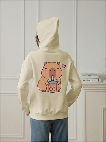 Girl's Animal Graphic Sweatshirts Hooded Long Sleeve Pullover Cute Hoodies(Apricot,14 Years)