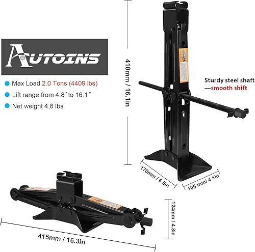 Miniatura 4 de Juego de gato de tijera, 2 toneladas (4409 libras) Kit de gato en espiral de doble diente mejorado, kit de cambio de neumáticos de elevación rápida,
