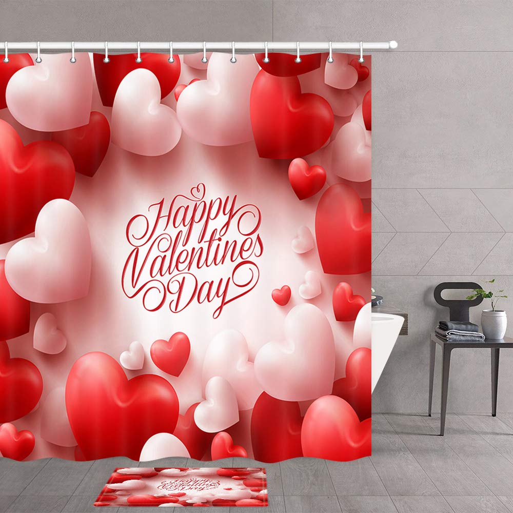 Valentine's Day Shower Curtain – Highland Cow With Roses, Pink & Red Heart Design – Farmhouse Bathroom Decor With Hooks
